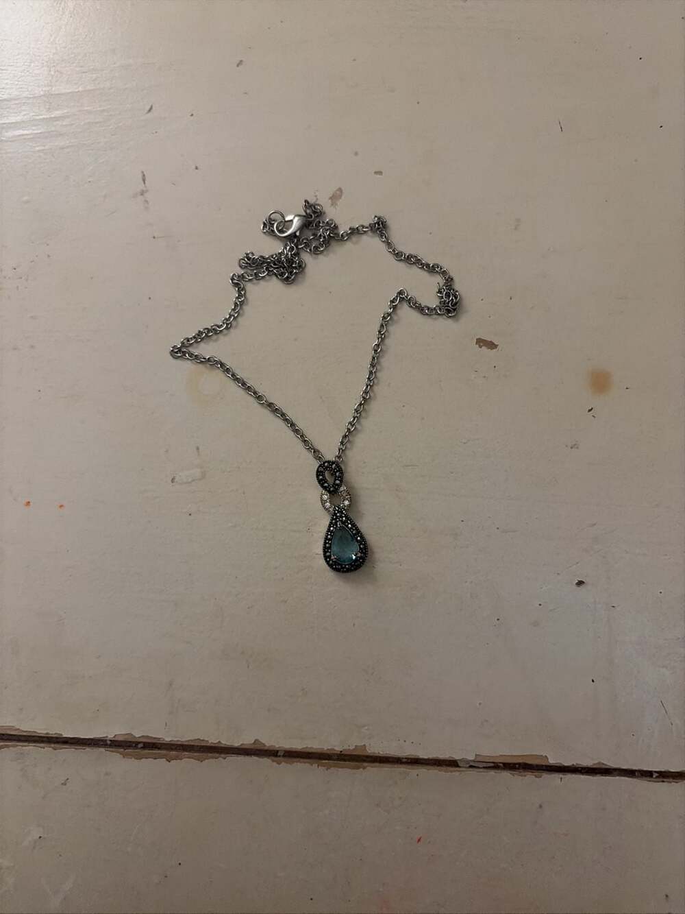 Sterling Silver Marcasite Blue Topaz Teardrop Pendant Necklace
